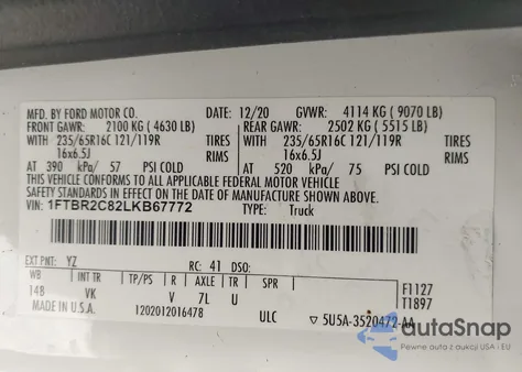 2020 Ford Transit-250 from USA, damaged, VIN 1FTBR2C82LKB67772